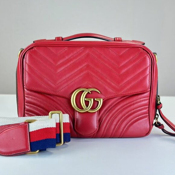 Gucci Red Leather Marmont Shoulder Bag Crossbody - Picture 1 of 9